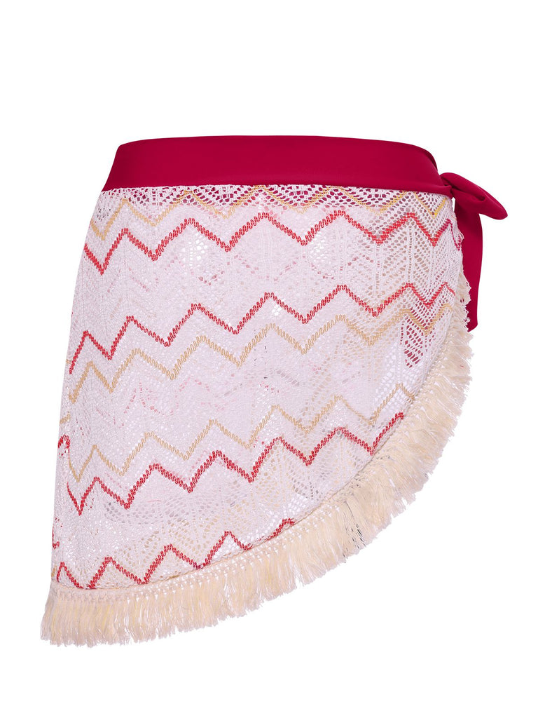 2PCS Red 1970s Princess Style Bikini Set & Fringe Cover-Up