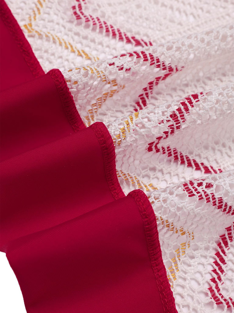 2PCS Red 1970s Princess Style Bikini Set & Fringe Cover-Up