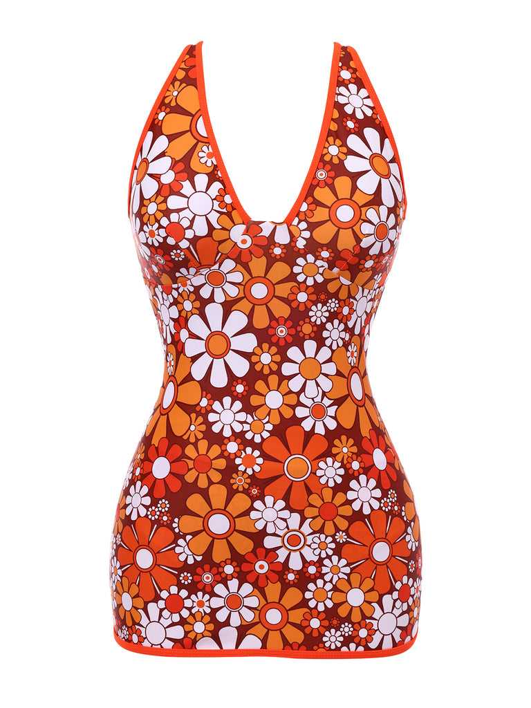 Brown 1960s Bohemian Psychedelic Floral One-Piece Swimsuit