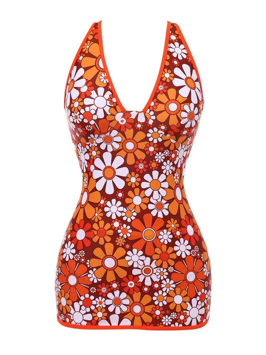 Brown 1960s Bohemian Psychedelic Floral One-Piece Swimsuit