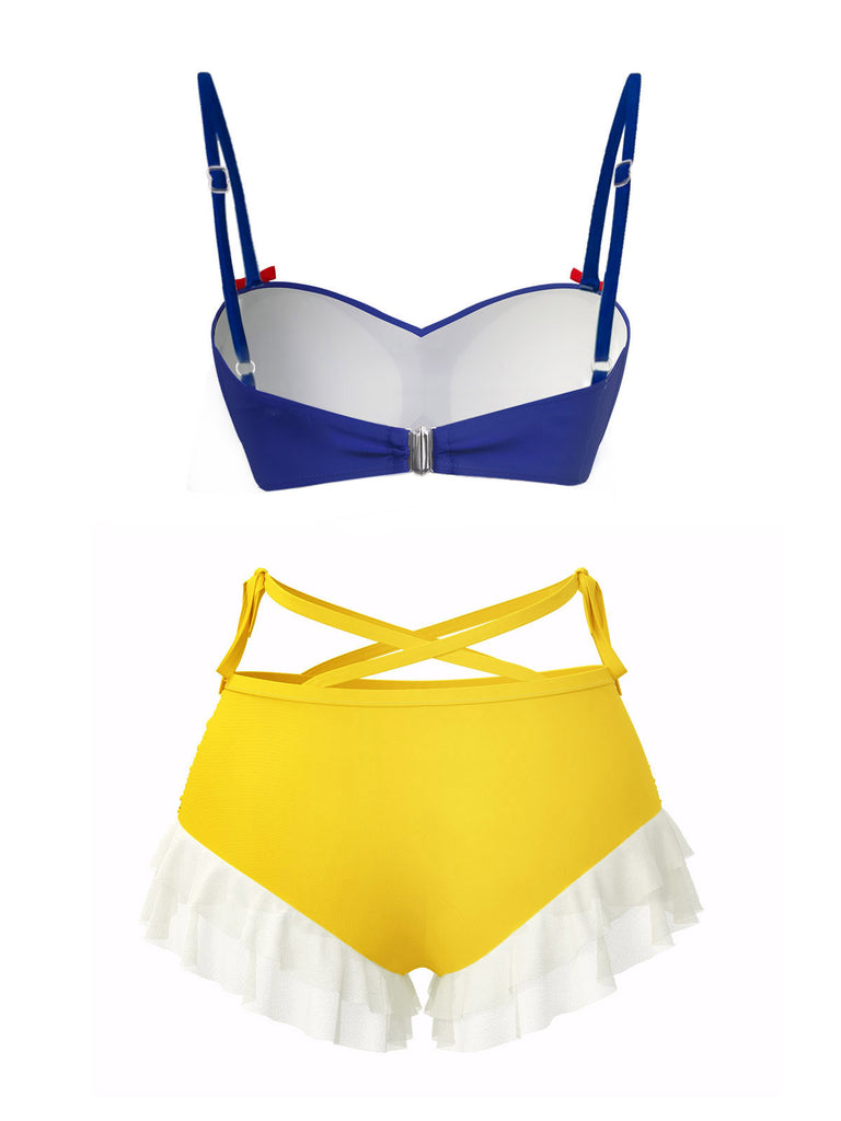 Yellow & Blue 1950s Snow White Style Ruffled Swimsuit