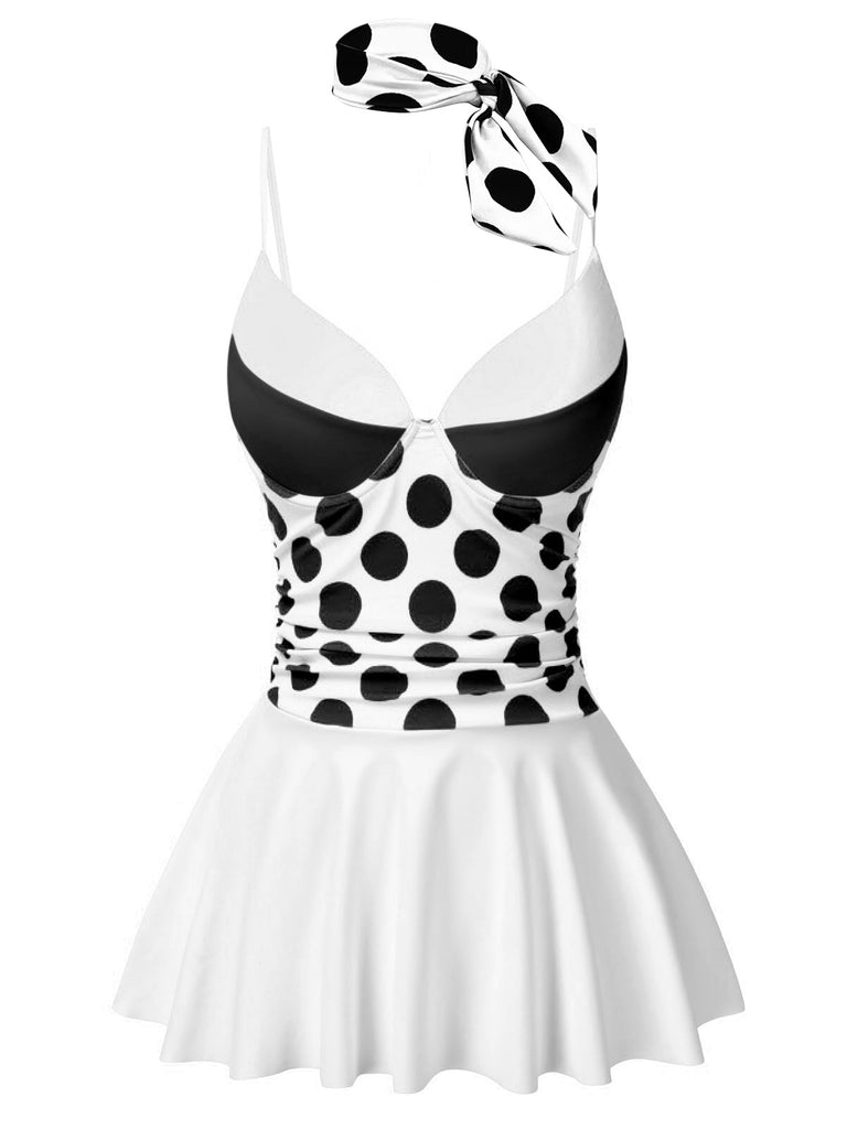 Black & White 1940s Polka Dots Patchwork Swimsdress