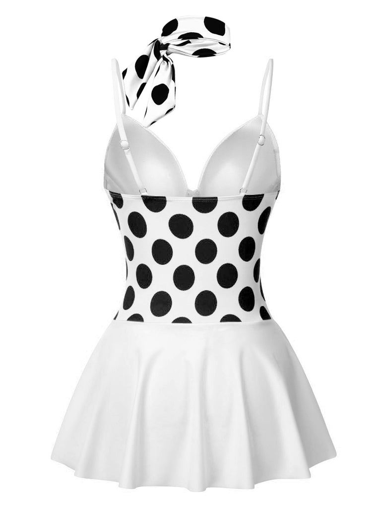 Black & White 1940s Polka Dots Patchwork Swimsdress