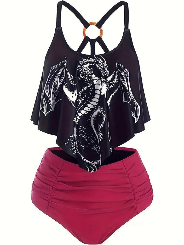1980s Gothic Dragon Back-Cross Ruffle Swimsuit