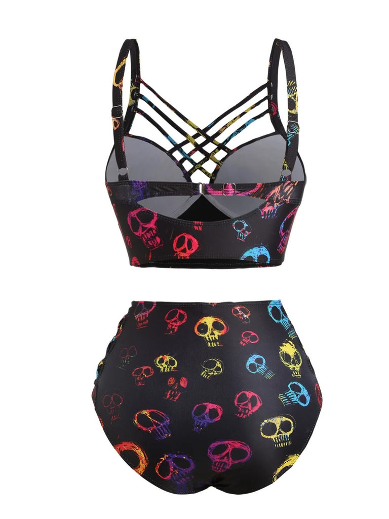Black 1980s Gothic Steampunk Skull Bikini Set