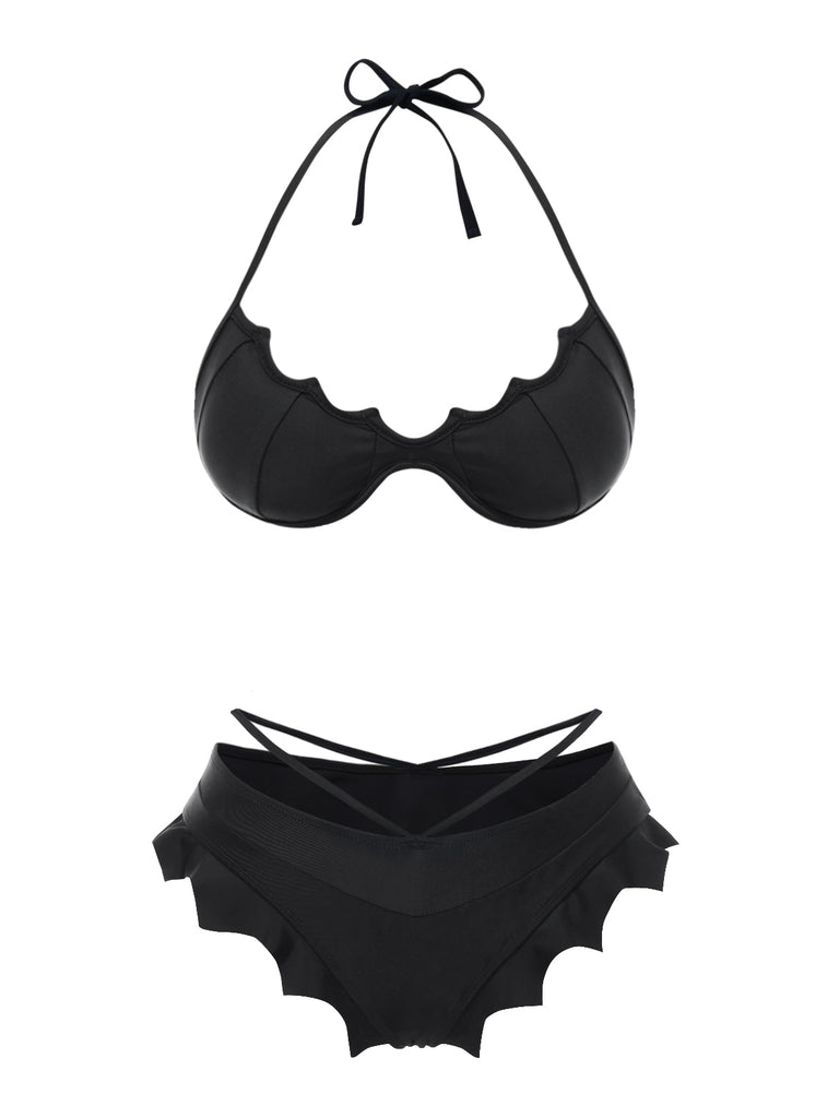 Black 1980s Solid Gothic Bat Wings Bikini Set