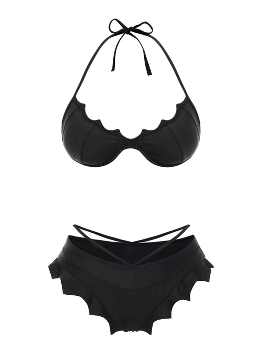 Black 1980s Solid Gothic Bat Wings Bikini Set