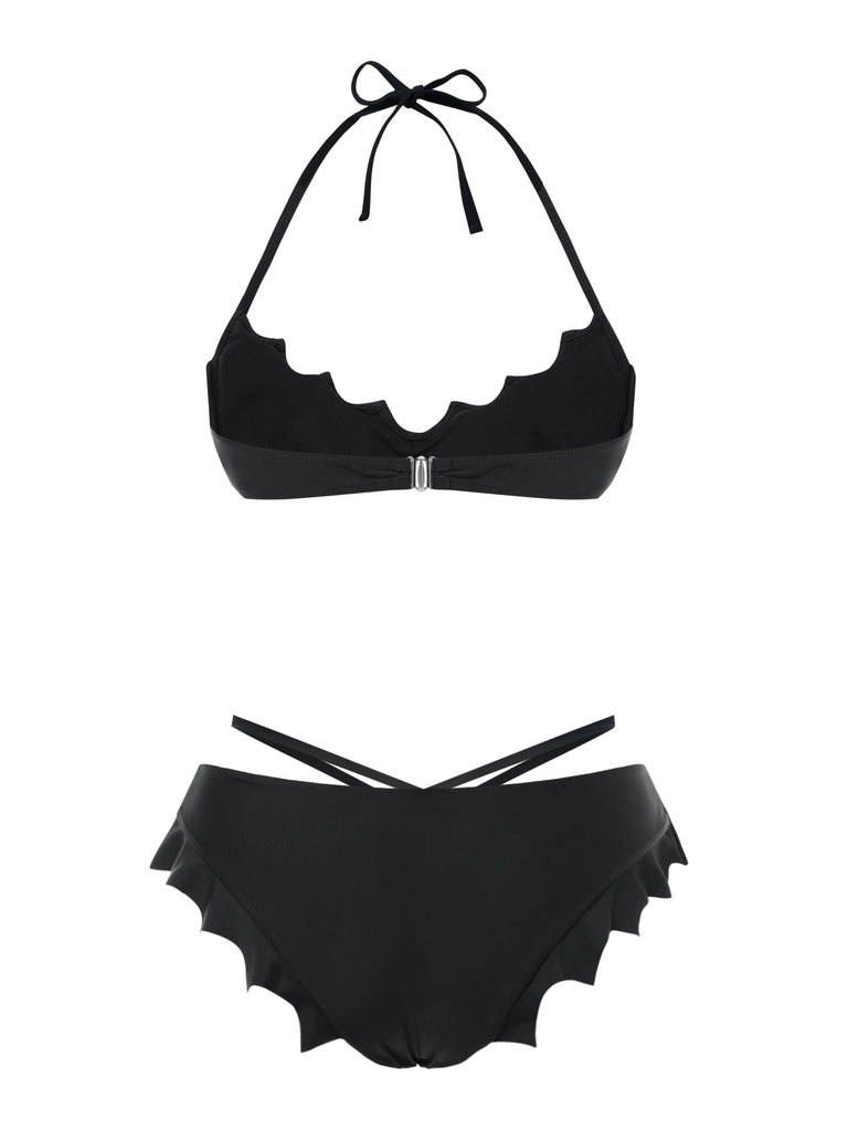 Black 1980s Solid Gothic Bat Wings Bikini Set
