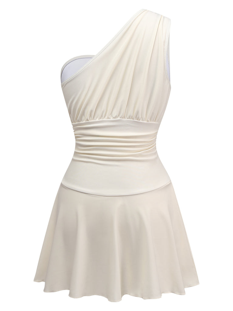 Beige 1940s Solid One-Shoulder Ruched Swim Dress