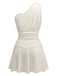 Beige 1940s Solid One-Shoulder Ruched Swim Dress
