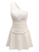 Beige 1940s Solid One-Shoulder Ruched Swim Dress