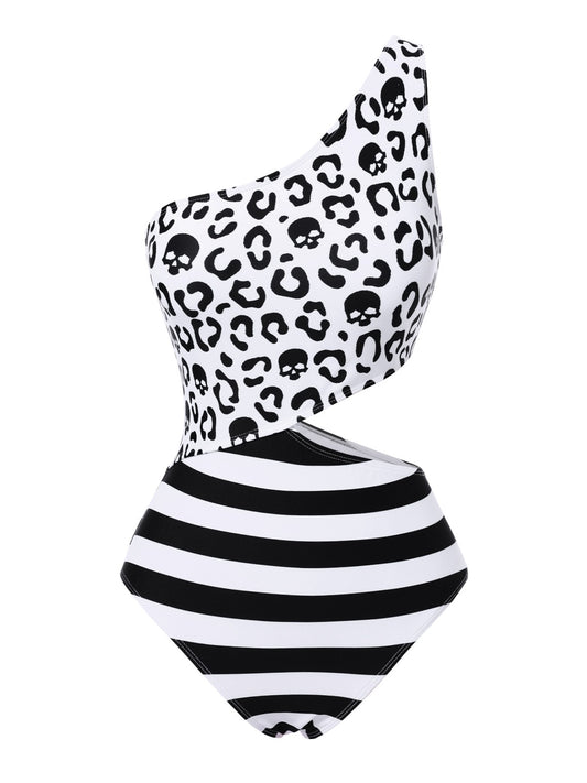 Black 1980s One-Shoulder Hollow Skull Stripe Swimsuit