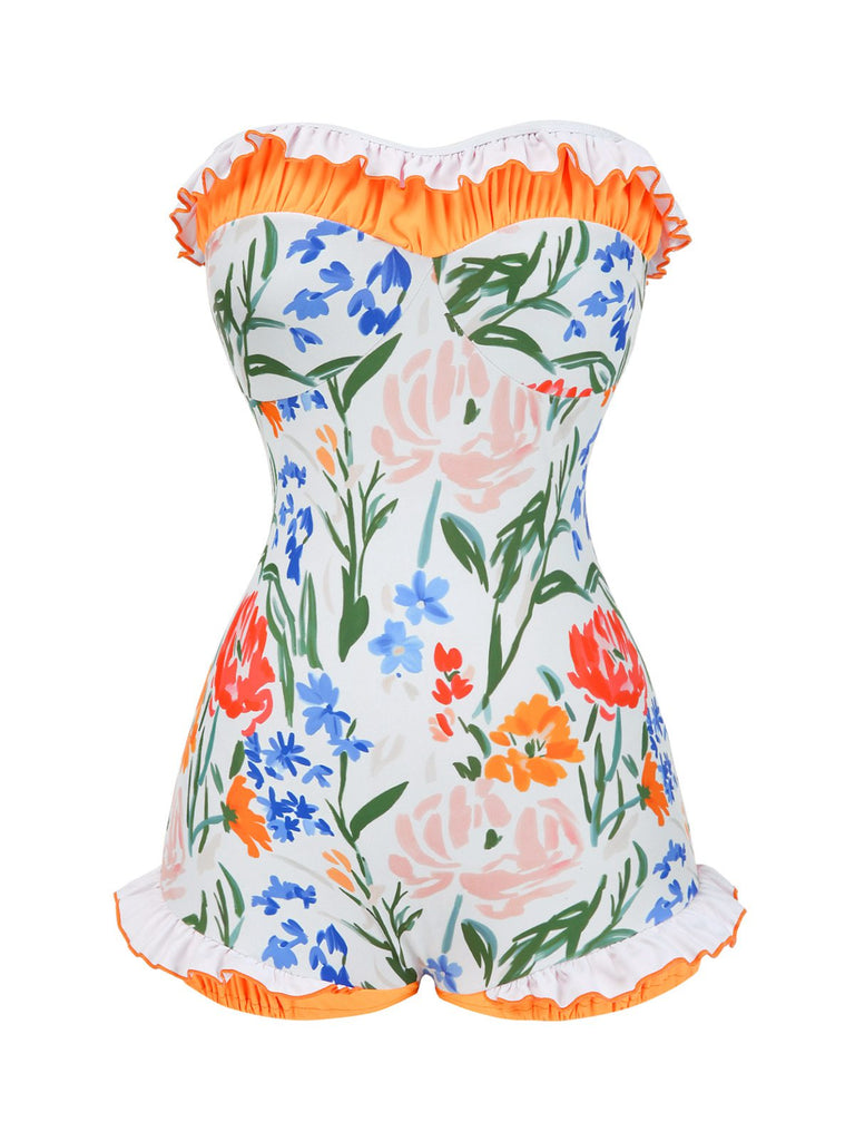 Multicolor 1960s Painted Floral Bandeau One-Piece Swimsuit