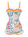Multicolor 1960s Painted Floral Bandeau One-Piece Swimsuit