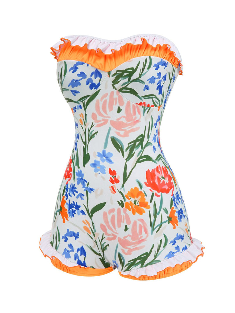 Multicolor 1960s Painted Floral Bandeau One-Piece Swimsuit