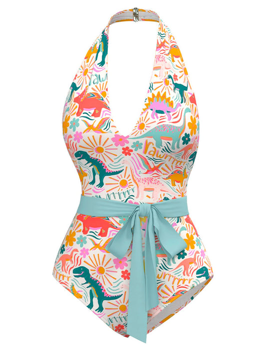 Multicolor 1950s Dinosaur Print Halter One-Piece Swimsuit