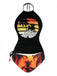 Black 1980s Punk Halter Skeleton Beach Print Bikini Set