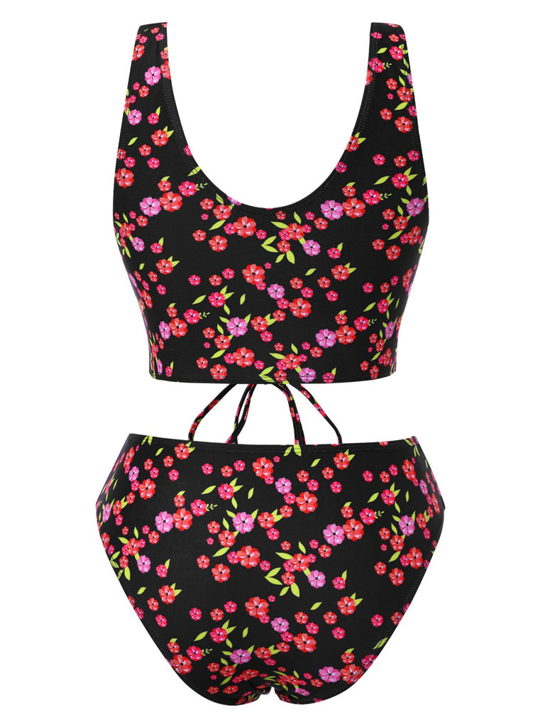 Black 1940s Ditsy Floral Lace-Up Tankini Set
