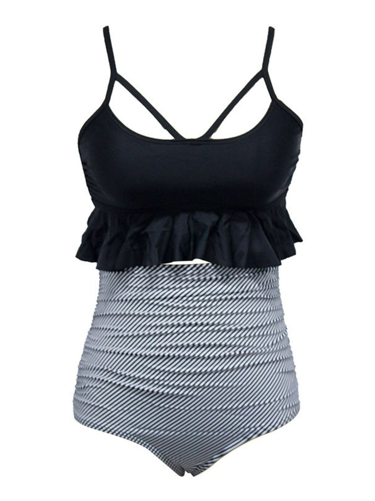 Black 1970s Tummy Control Leopard Ruffled Tankini Set