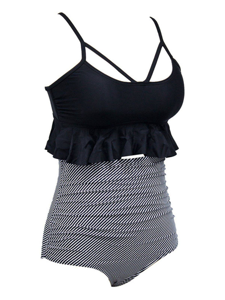 Black 1970s Tummy Control Leopard Ruffled Tankini Set