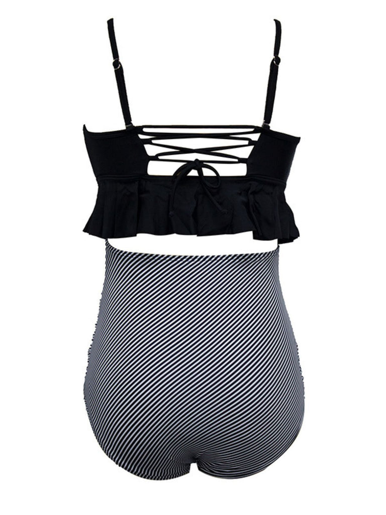 Black 1970s Tummy Control Leopard Ruffled Tankini Set