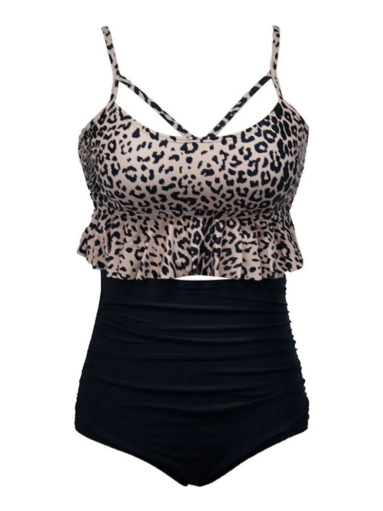 Black 1970s Tummy Control Leopard Ruffled Tankini Set