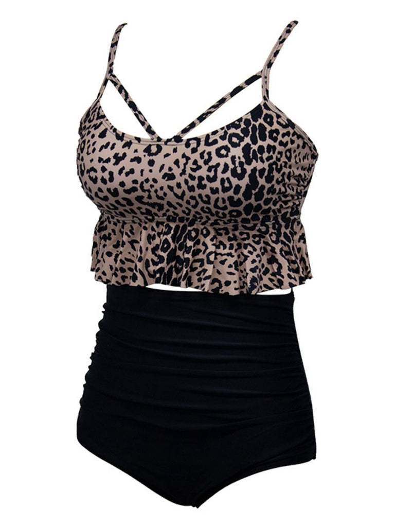 Black 1970s Tummy Control Leopard Ruffled Tankini Set