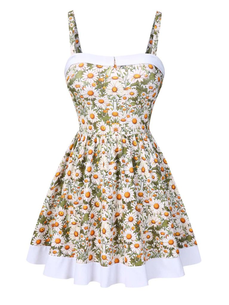 1950s Spaghetti Strap Daisy Binding Swimdress