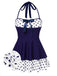 Blue 1940s Polka Dots Patchwork Halter Swimdress