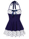 Blue 1940s Polka Dots Patchwork Halter Swimdress