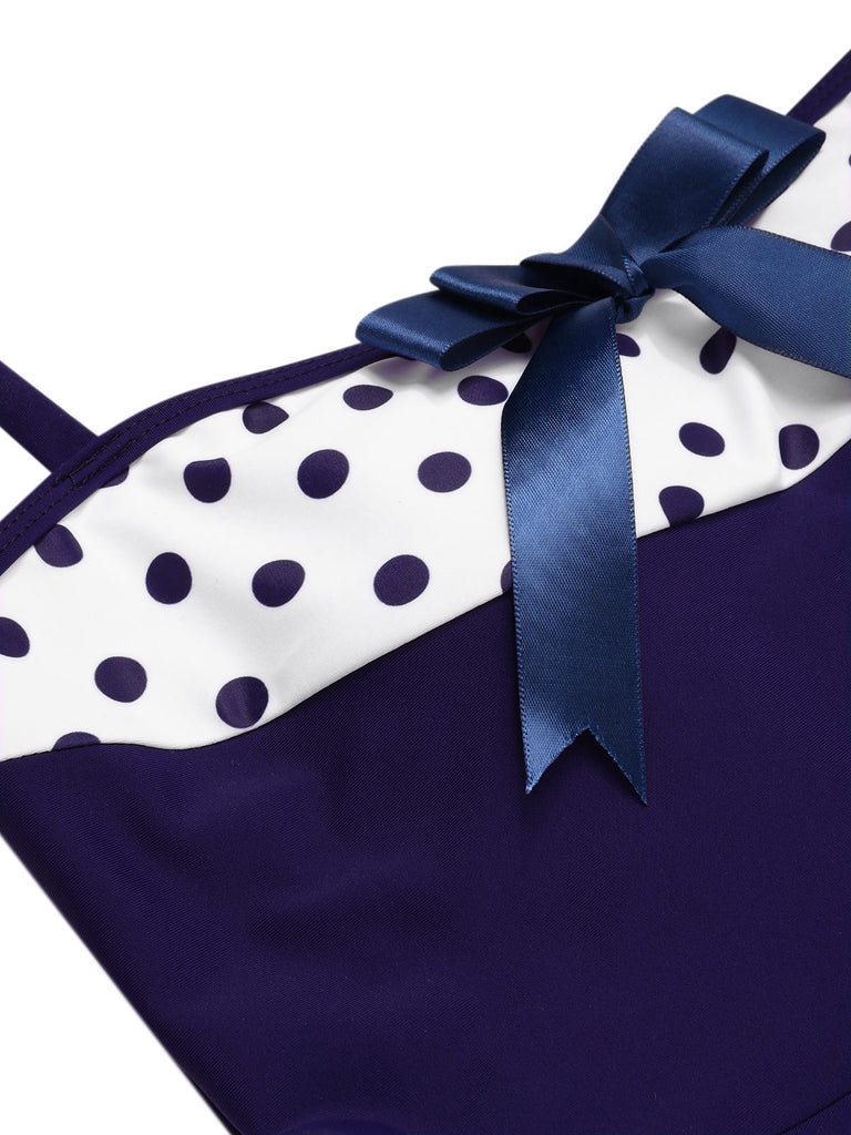 Blue 1940s Polka Dots Patchwork Halter Swimdress