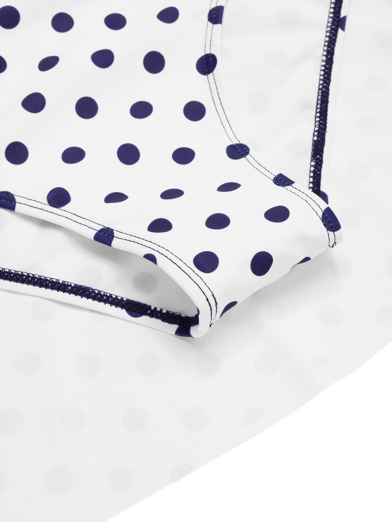 Blue 1940s Polka Dots Patchwork Halter Swimdress