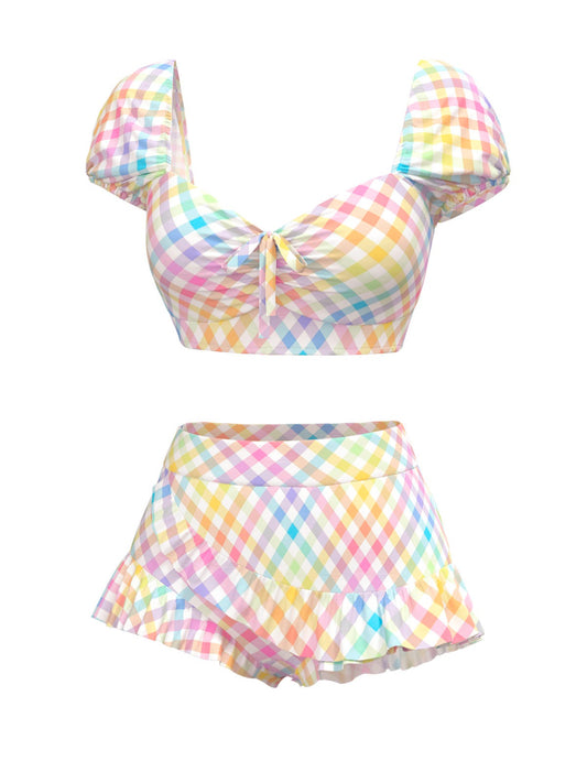 Multicolor 1970s Puff Gingham Plaid Bikini Set