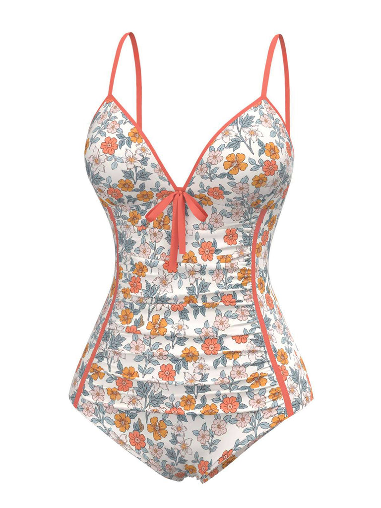 Orange 1960s Daisy Lace-Up One-Piece Swimsuit
