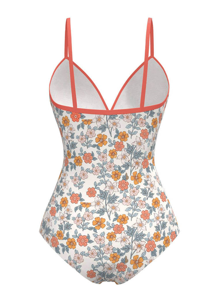 Orange 1960s Daisy Lace-Up One-Piece Swimsuit