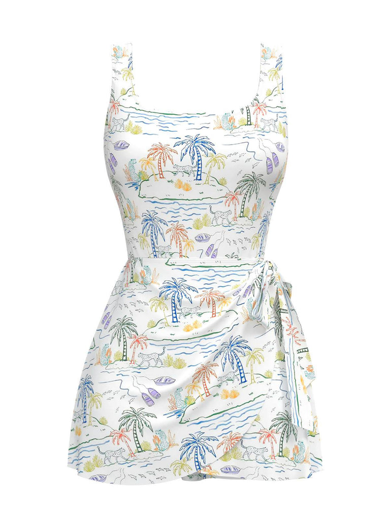 White 1940s Plant Print Square Neck Swimdress