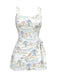 White 1940s Plant Print Square Neck Swimdress