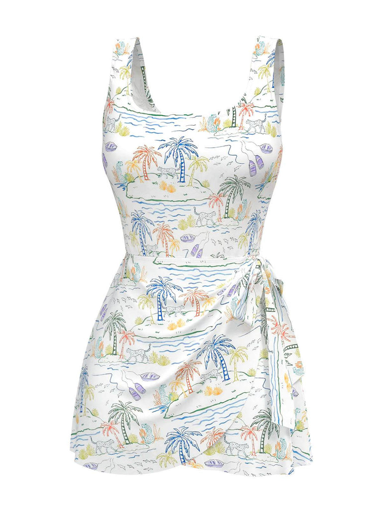 White 1940s Plant Print Square Neck Swimdress