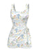 White 1940s Plant Print Square Neck Swimdress