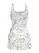 White 1940s Plant Print Square Neck Swimdress