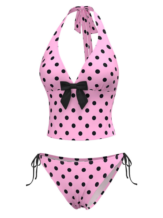 1970s Halter Polka Dots Bow Bikini Set