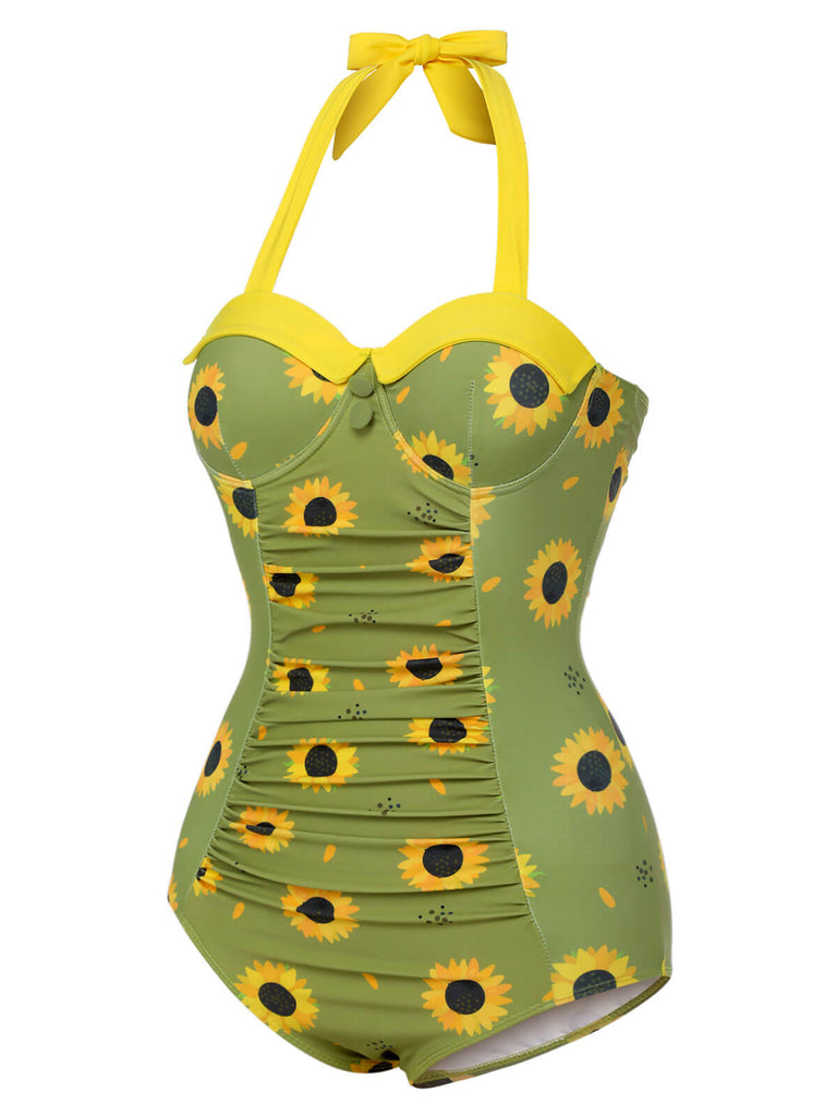 Green 1930s Sunflowers Halter Swimsuit