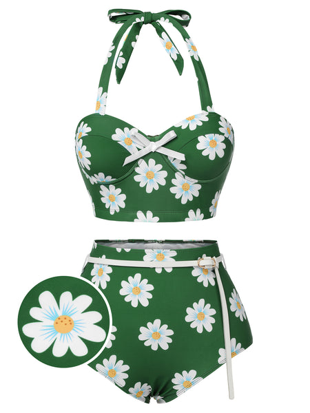 タンキニ Daisy Print Three-Piece Swimsuit Green 1930s Daisy Halter Swimsuit | Retro Stage