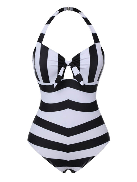 Black White 1950s Barbie Stripes Halter Swimsuit Retro Stage