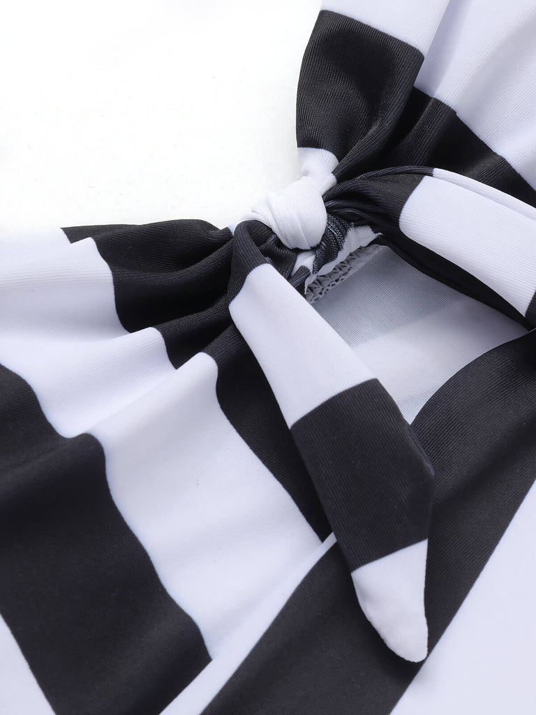 Black & White 1950s Barbie Stripes Halter Swimsuit