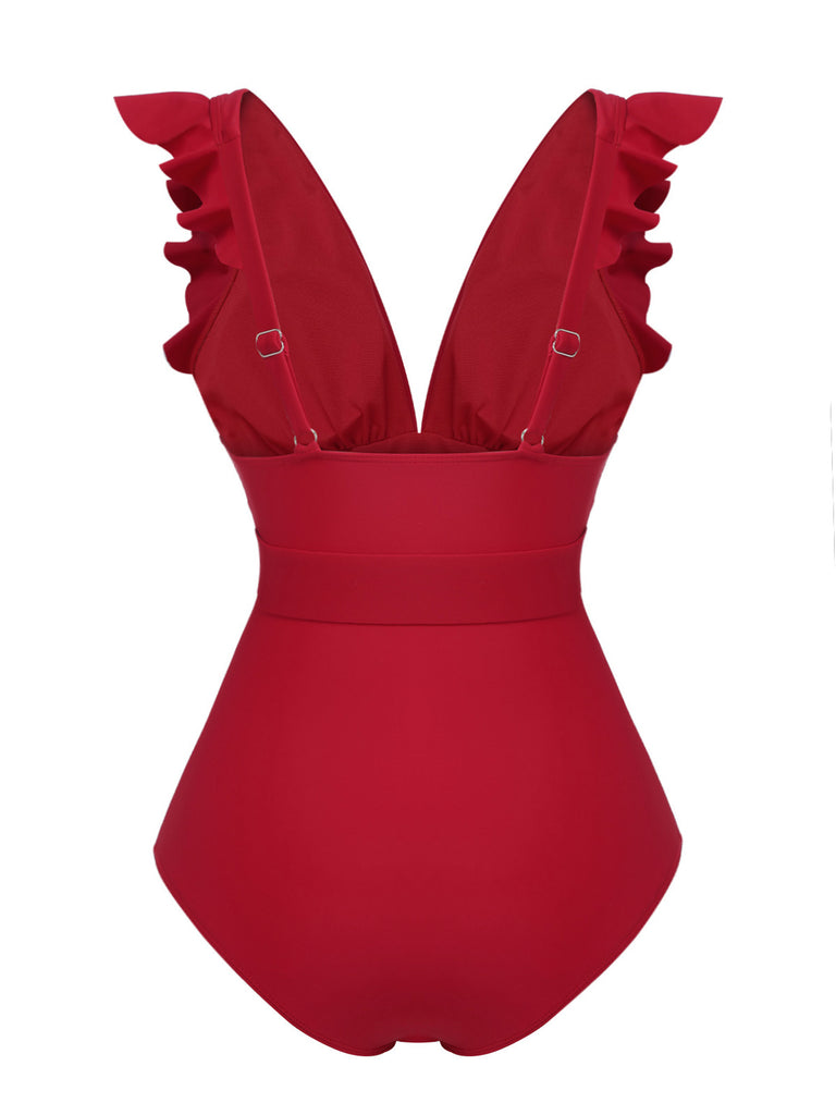 [Pre-Sale] Red 1950s Solid Deep V-Neck Belt Swimsuit