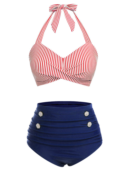 Red & Blue 1940s Striped Halter Swimsuit Set