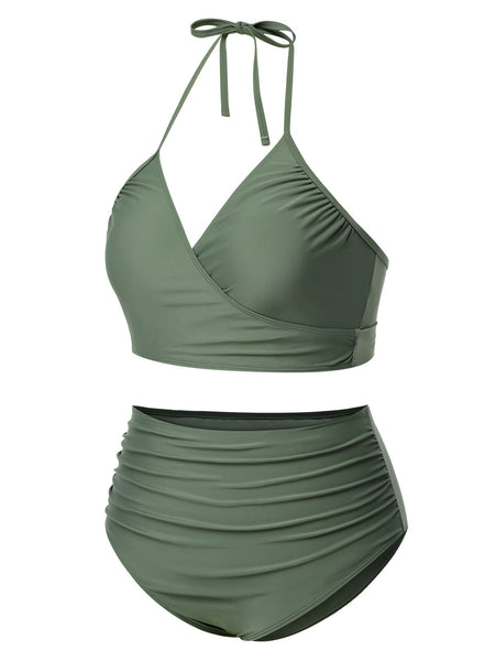 Plus Size] Green Grey 1930s Halter Strappy Tankini Swimsuit