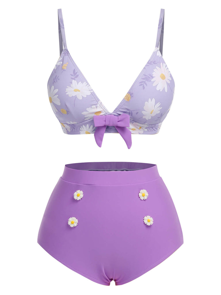 Purple 1950s Daisy Bow Strap Swimsuit