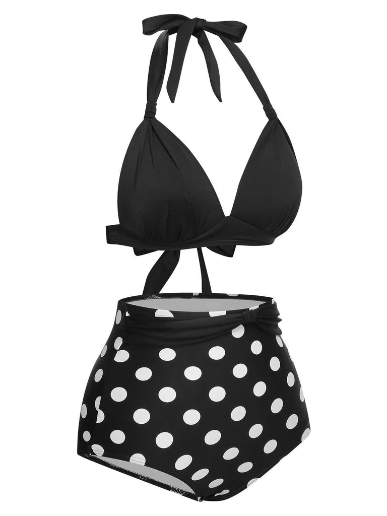 1950s Halter Contrast Polka Dots Swimsuit
